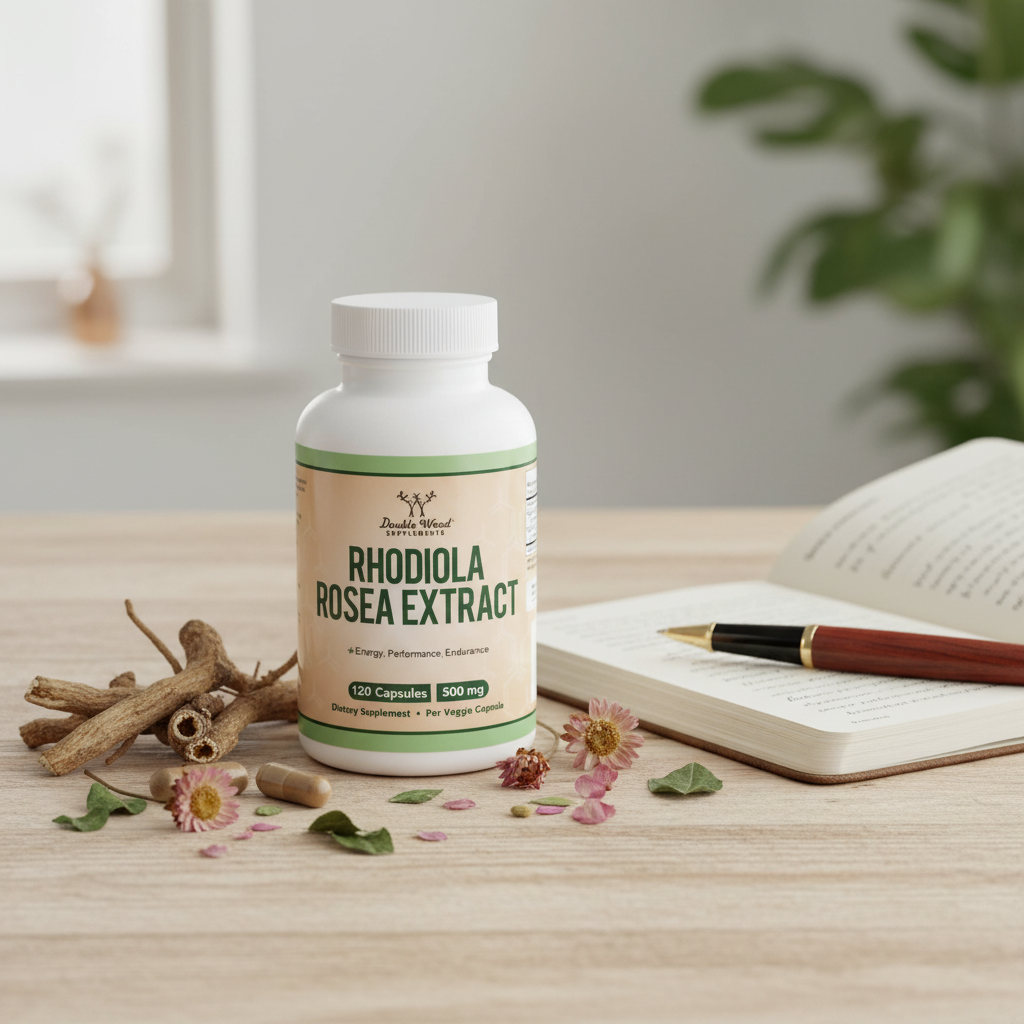 Rhodiola Rosea Extract supplement bottle on wooden surface surrounded by dried rhodiola roots and pink flowers